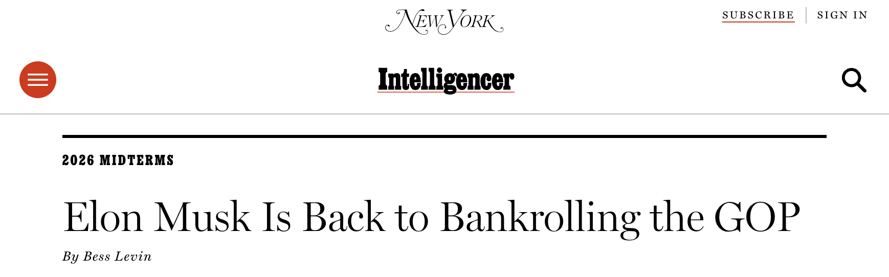 New York Magazine headline: Elon Musk is back to bankrolling the GOP