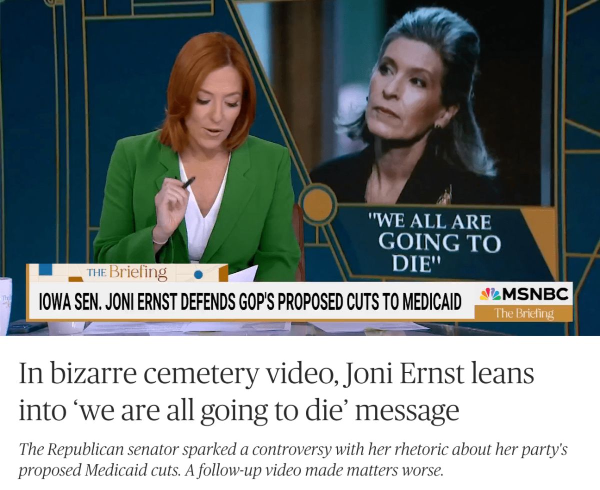 MSNBC headline: In bizarre cemetary video, Joni Ernst leans into 'we all are going to die' message