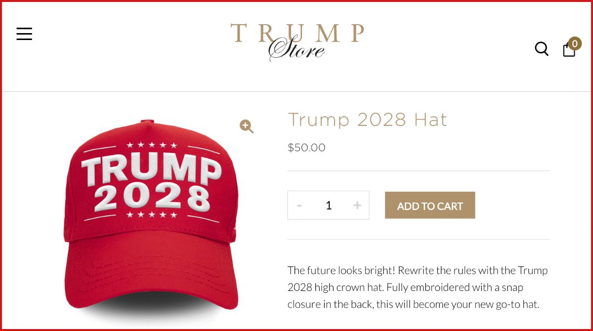 Image of 'Trump 2028' hat for sale on the Trump website.