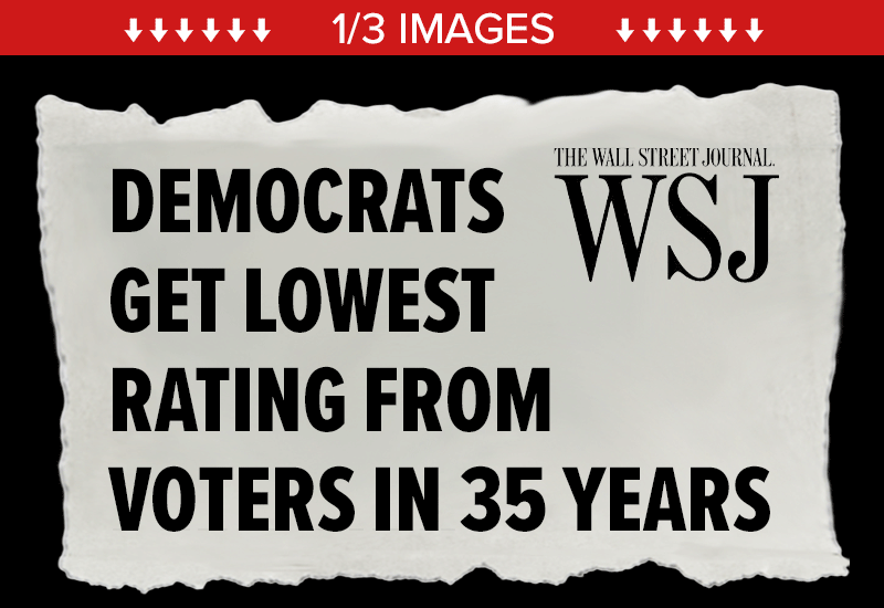 Gif with three rotating headlines: 1) Wall Street Journal: Democrats get lowest rating from voters in 35 years. 2) The Telegraph: Time is running out for the Democrats. 3) The Atlantic: If the party doesn't figure out how to compete in more states, perpetual GOP dominance is all but assured.