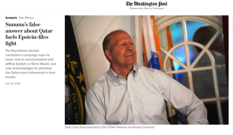 Headline from The Washington Post: Sununu's false answer about Qatar fuels Epstein-files fight