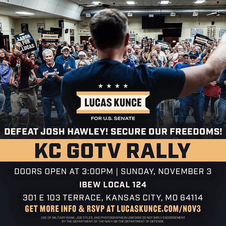 Lucas speaking in front of crowd with title 'KC GOTV Rally' and details of event listed