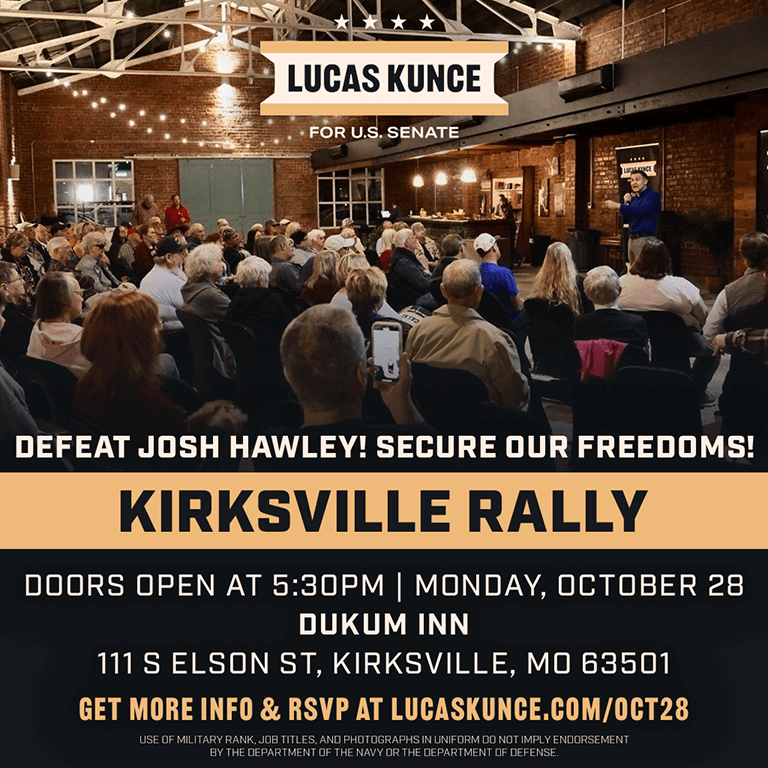 Lucas speaking in front of crowd with title 'Kirksville Rally' and details of event listed