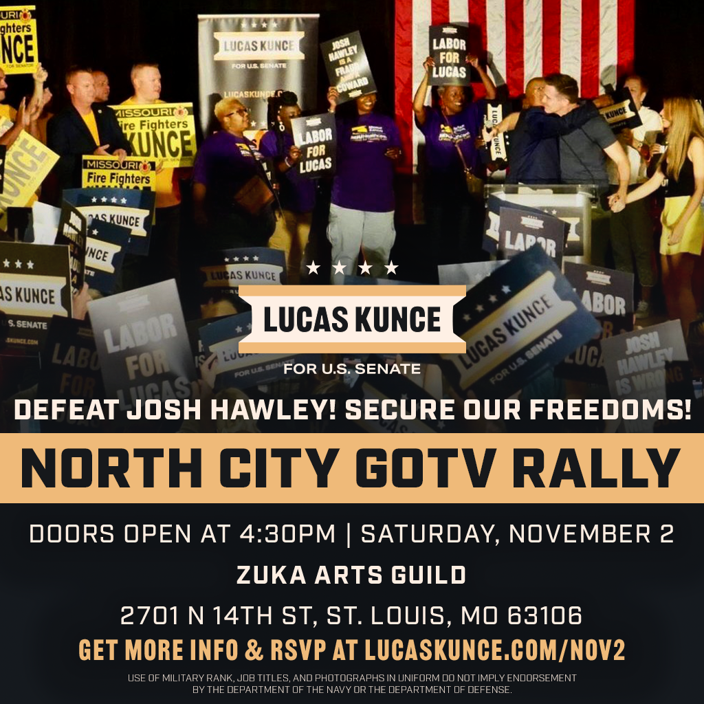 Lucas speaking in front of crowd with title 'North City GOTV Rally' and details of event listed