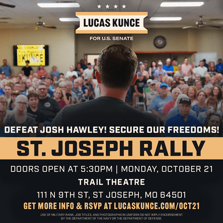 Lucas speaking in front of crowd with title 'St. Joseph Rally' and details of event listed