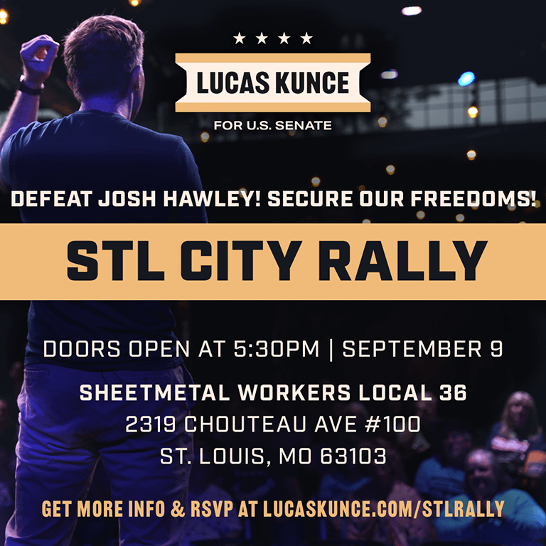 Lucas Kunce speaking in front of crowd with title: Mid-Mo Rally and details of event listed