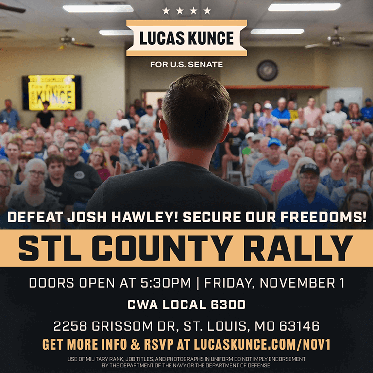 Lucas speaking in front of crowd with title 'STL County Rally' and details of event listed