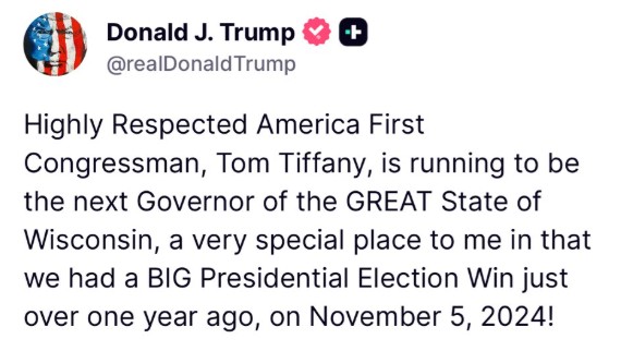 Donald Trump endorsing GOP frontrunner for WI Governor Tom Tiffany