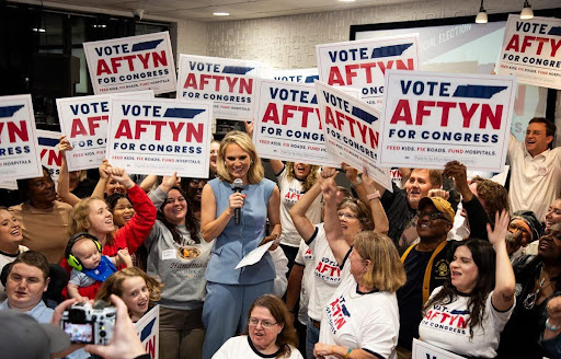 Aftyn and supporters, after winning the Democratic primary