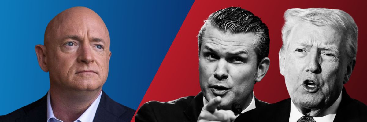 Split photo of Senator Mark Kelly on a blue background beside Pete Hegseth and Donald Trump in black and white on a red background