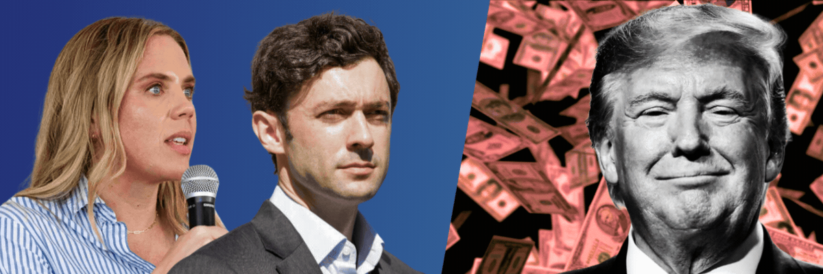 Animated graphic showing Andrews and Ossoff at 50/50 odds against a laughing Trump with money falling