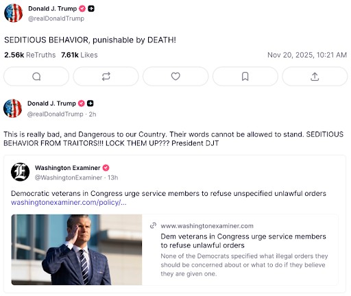 Screenshot of a Donald Trump Truth Social post attacking Mark Kelly