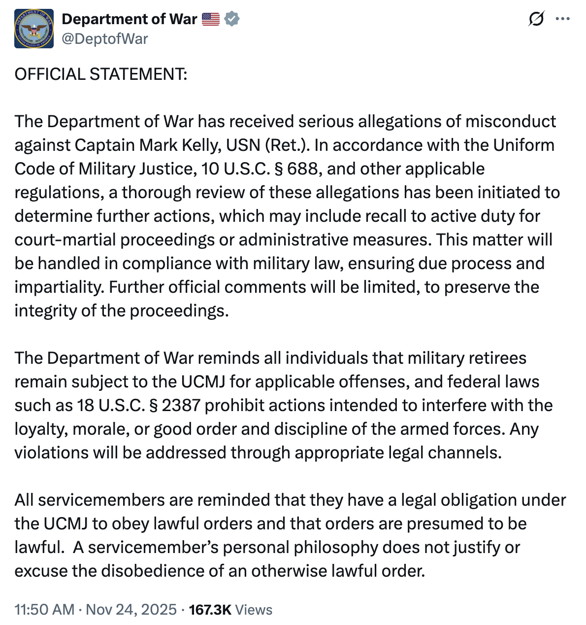 DOW Investigating Mark Kelly