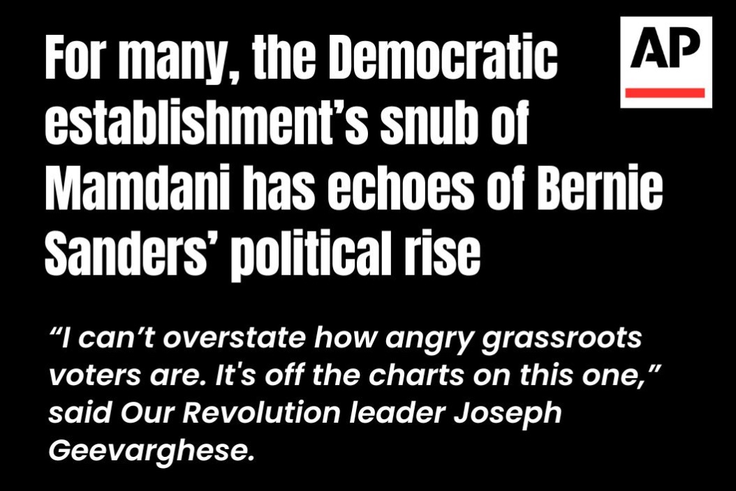 Headline: For many, the Democratic establishment's snub of Mamdani has echoes of Bernie Sanders' political rise