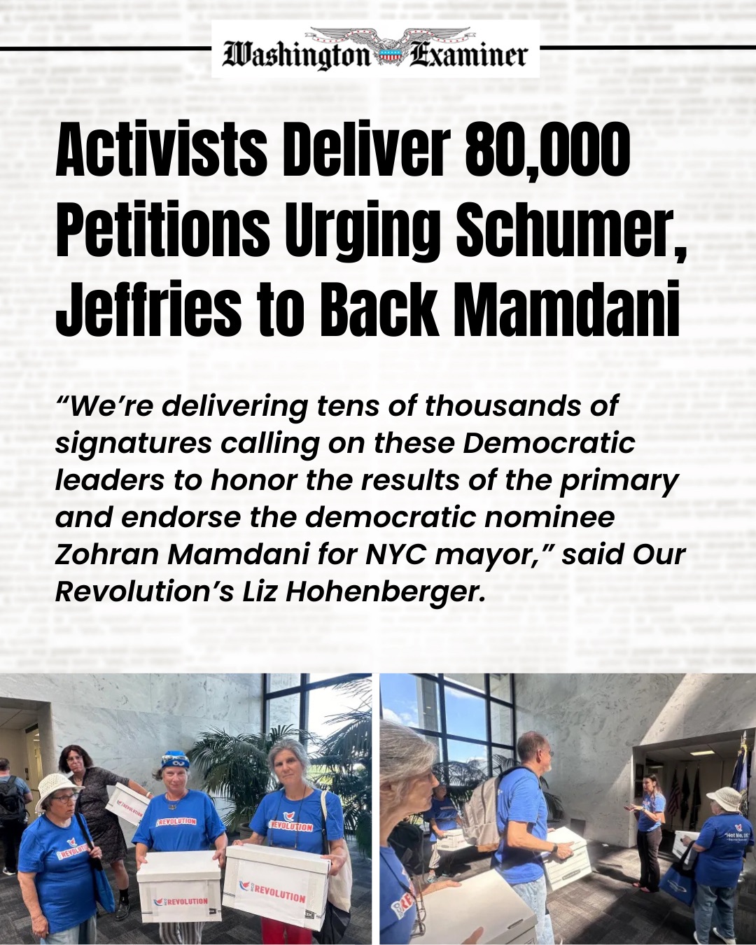 Headline: Activists deliver 80,000 petitions urging Schumer, Jeffries to back Mamdani