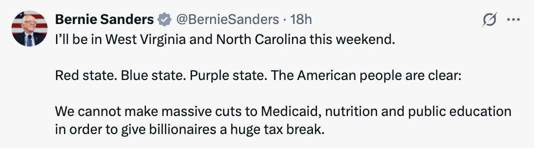 Bernie tweet annoucing he will be in West Virginia and North Carolina this weekend