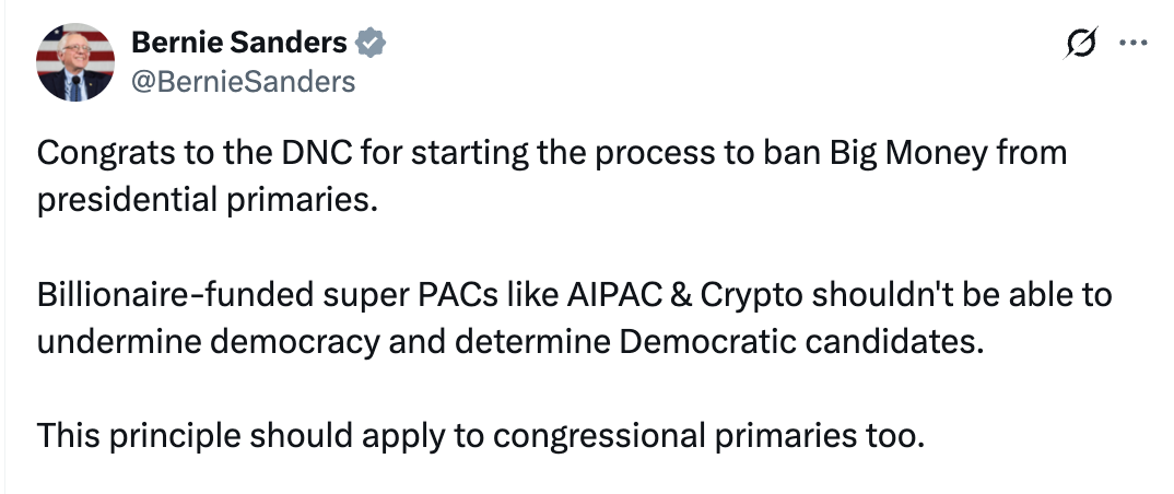 Bernie tweet congratulating the DNC for starting the process to ban Big Money from presidential primaries