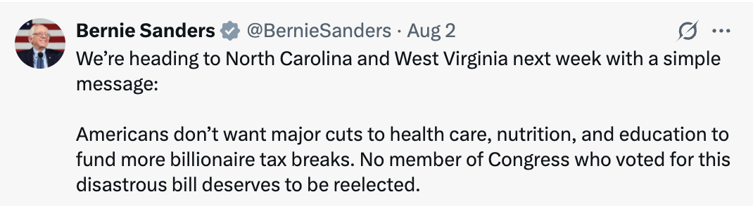Bernie tweet announcing he's heading back on tour to North Carolina and West Virginia