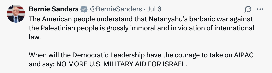 Bernie tweet calling on the democratic establishment to stand up to AIPAC