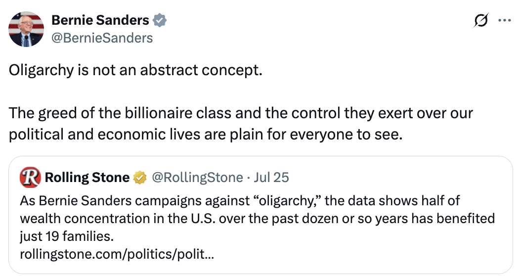 Bernie tweet about the fact that Oligarchy is not an abstract concept.