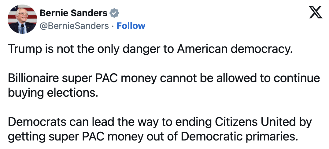 Bernie tweet about the danger PAC money presents to democracy