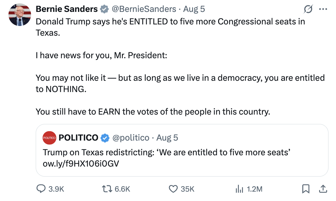 Bernie tweet about Trump claiming he is 'entitled' to five more Congressional seats in Texas.