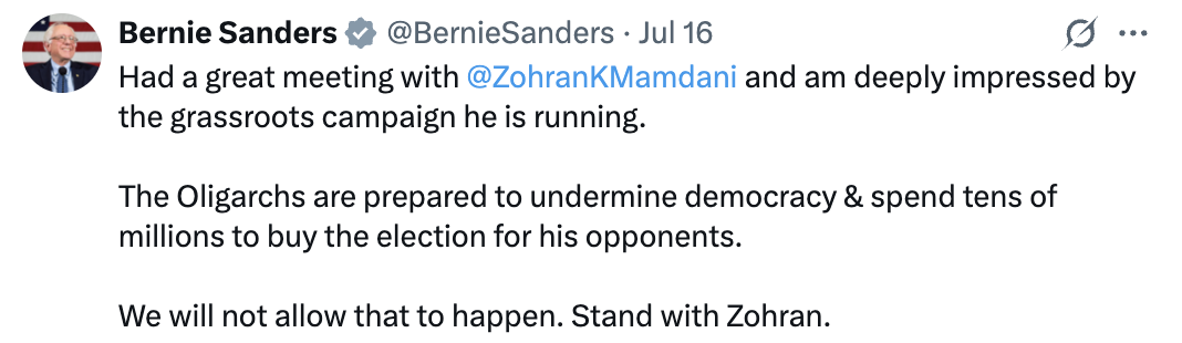 Bernie tweet following his great meeting with Mamdani, warning about the oligarchs preparing to undermine democracy and his campaign