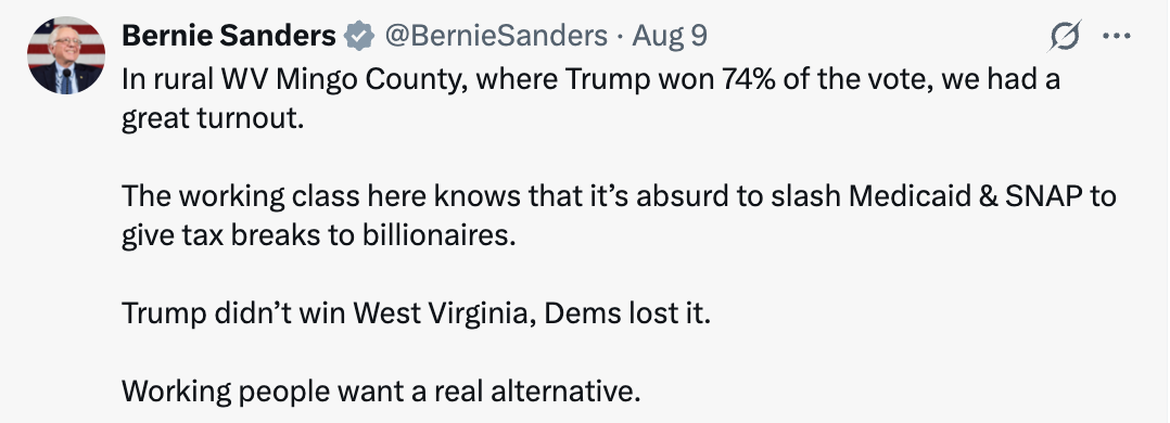 Bernie tweet about the great turnouts of his Oligarchy tour in red districts, showing Dems lost rather than Trump won.