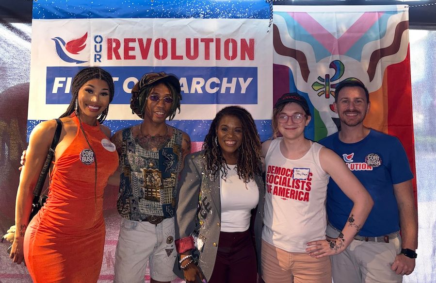 Our Revolution volunteers door knocking with Cori Bush.
