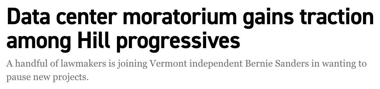 Headline: Data center moratorium gains traction among Hill progressives
