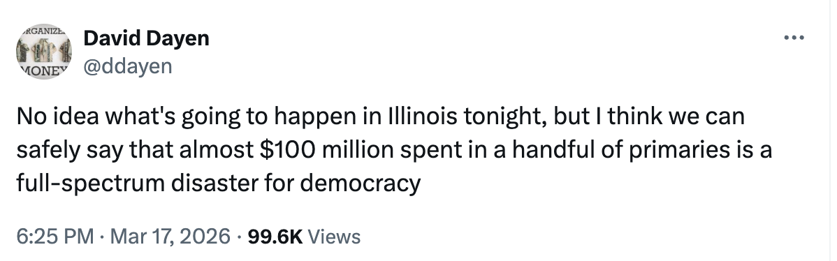 David Dayen on X: No idea what's going to happen in Illinois tonight, but I think we can safely say that almost $100 million in a handful of primaries is a full-spectrum disaster for democracy