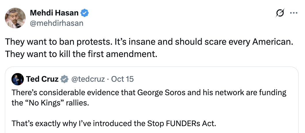 Mehdi Hasan tweet denouncing Cruz's bill and saying they are trying to kill the first amendment