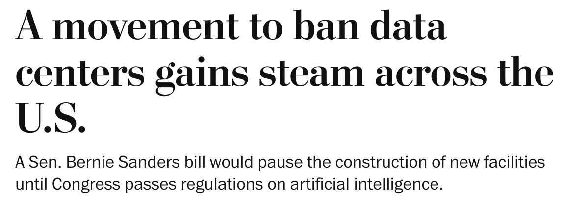 Headline: A movement to ban data centers gains steam across the U.S.