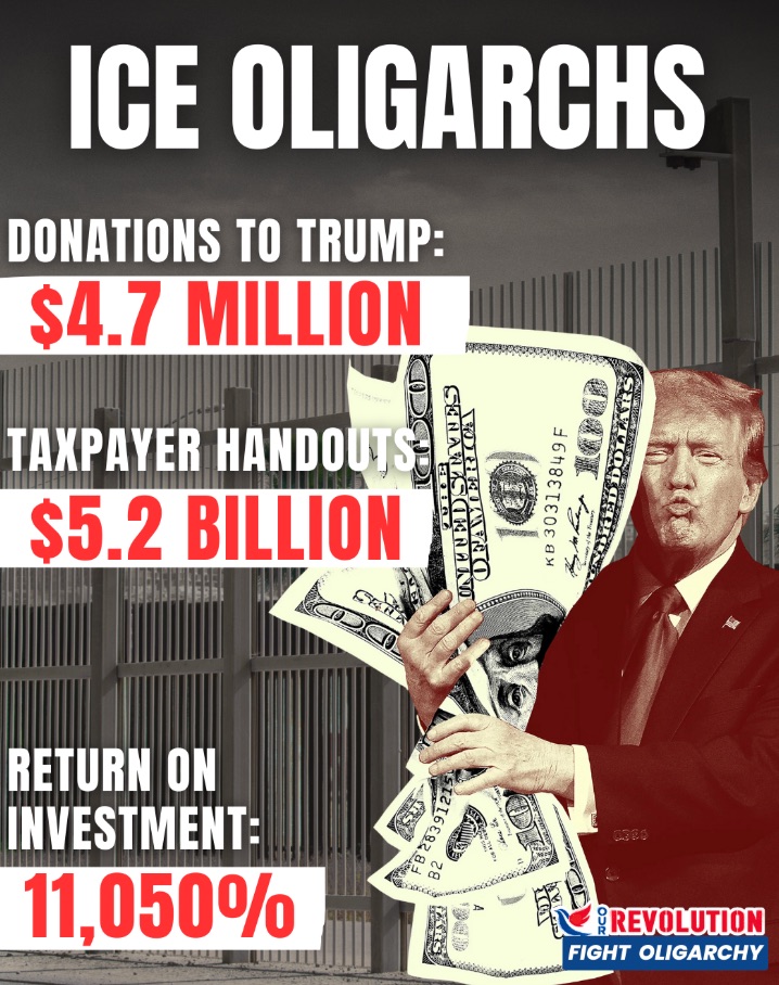 Graphic highlighting the profiteering of ICE oligarchs under Trump