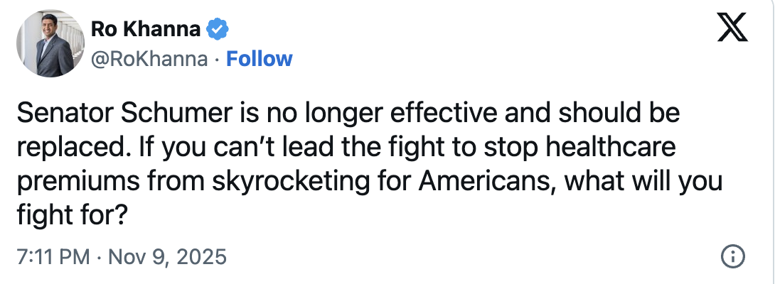 Ro Khanna tweet about Sen. Schumer's lack of effectiveness as a leader and the need for him to resign.