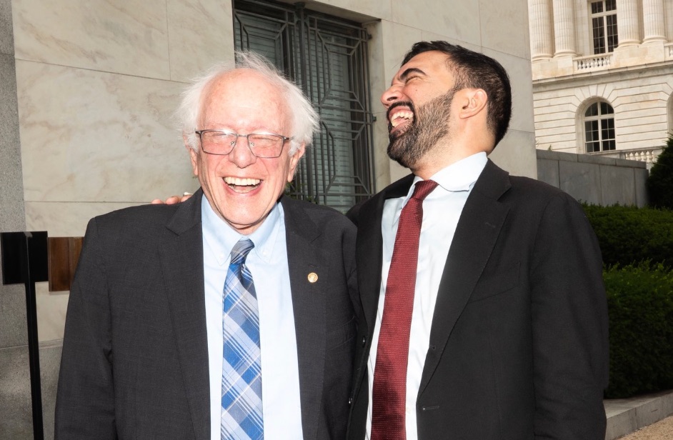 Picture of Bernie and Zohran laughing together after their first meeting