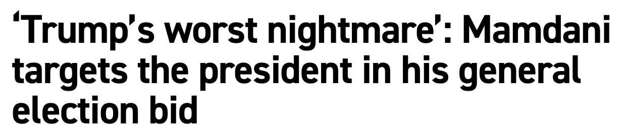 Headline: 'Trump's worst nightmare': Mamdani targets the president in his general election bid