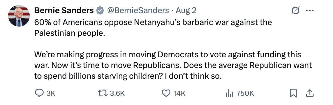 Bernie Tweet about how 60% of Americans oppose Netanyahu's barbaric war against the Palestinian people.