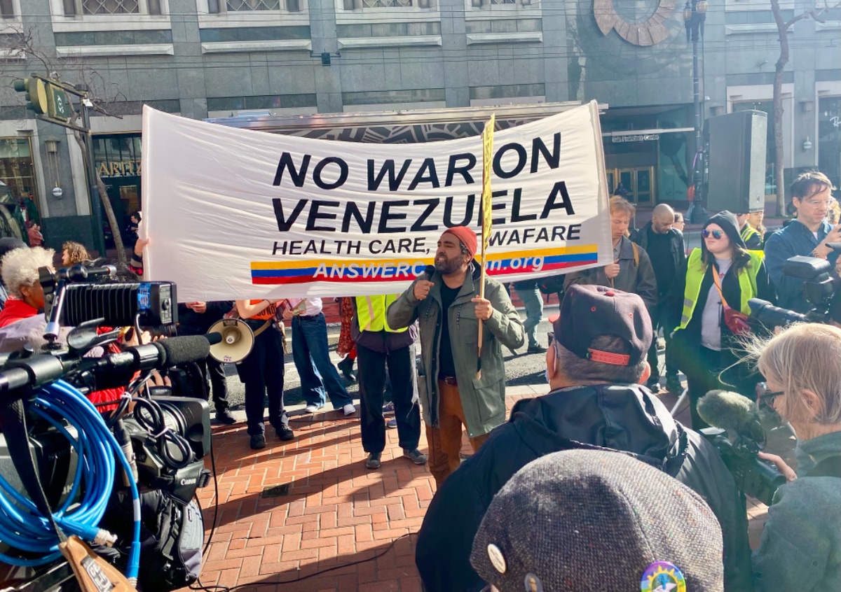 Photo of OUr Revolution activists protesting the U.S. attcks on Venezuela