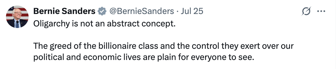 Bernie tweet about the greed of the billionaire class