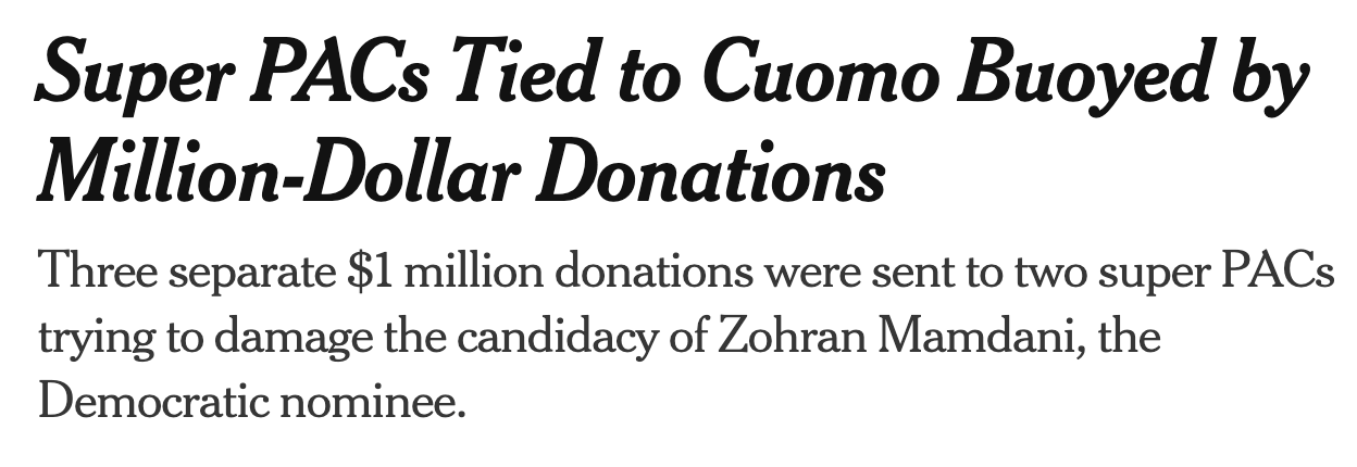 Headline: Super PACs tied to Cuomo buoyed by million-dollar donations