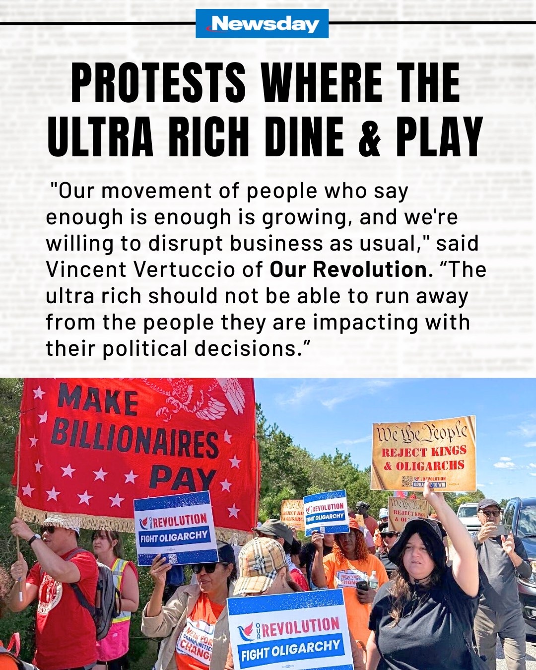 Headline featuring Our Revolution protesters: Protests where the ultra rich dine and play