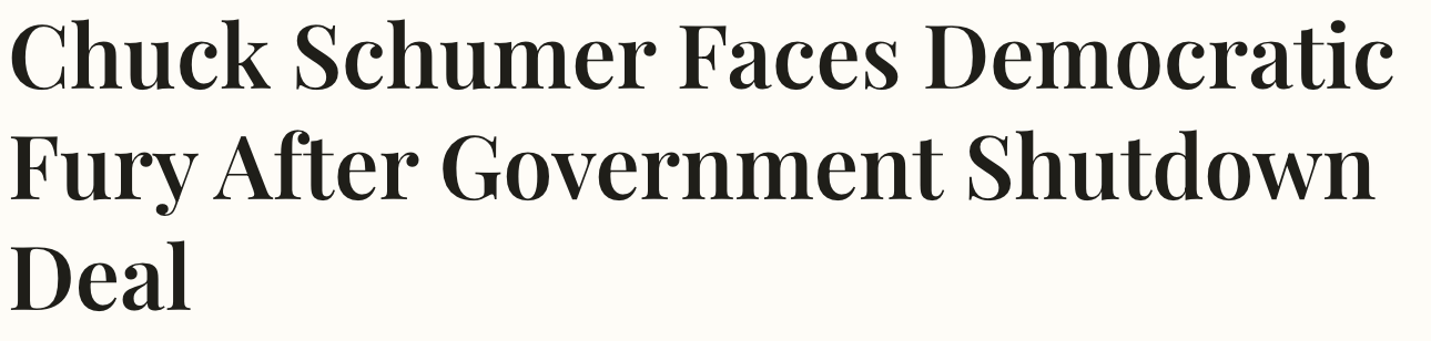 Headline: Chuck Schumer faces Democratic fury after Government shutdown deal