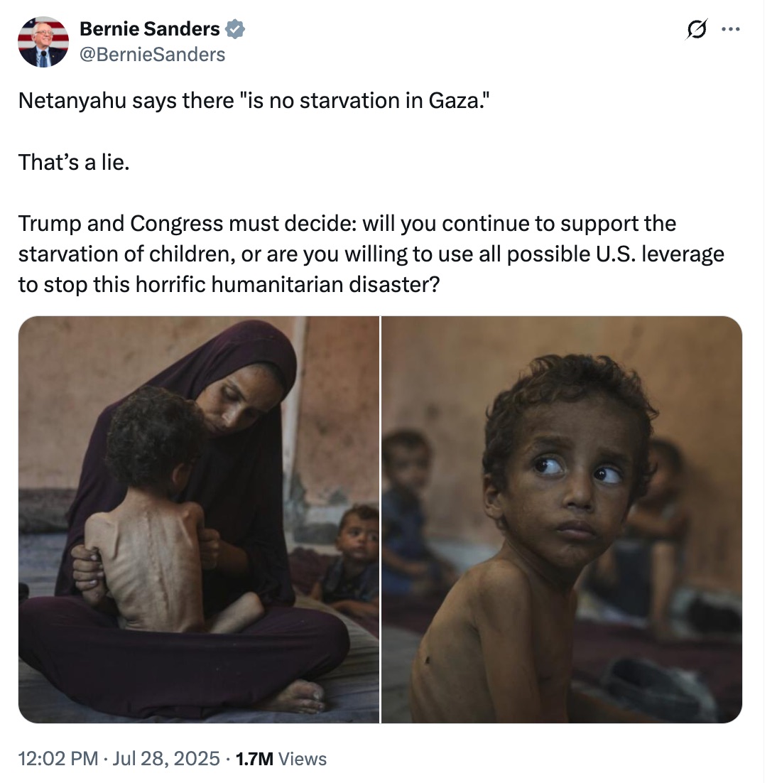 Bernie tweet calling out the horrific starvation in Gaza and calling on Congress and Trump to decide if the U.S. will continue fueling this humanitarian disaster.