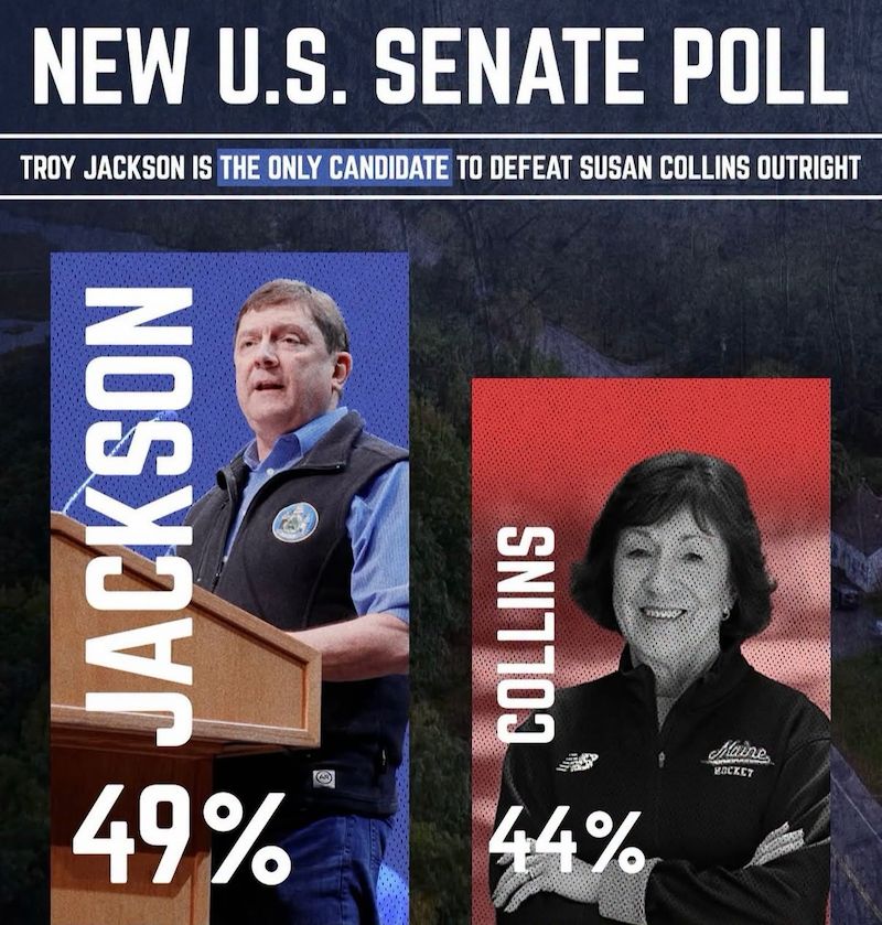 Graphic: NEW U.S. SENATE POLL. TROY JACKSON IS THE ONLY CANDIDATE TO DEFEAT SUSAN COLLINS OUTRIGHT. JACKSON 49%. COLLINS 44%