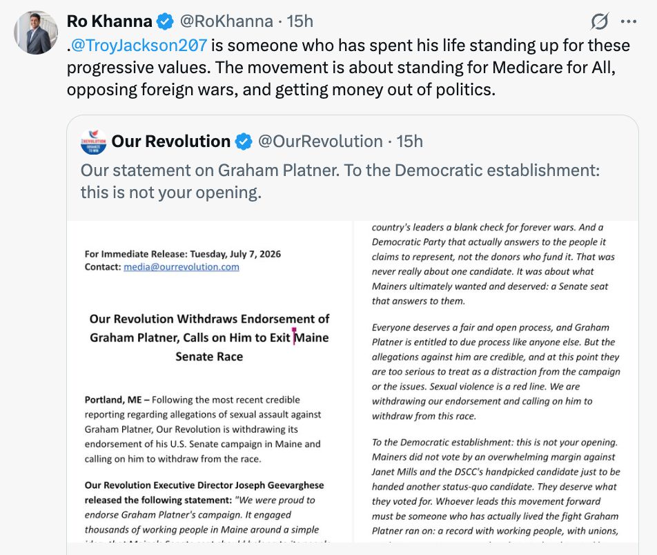 Ro Khanna Tweet: Troy Jackson is someone who has spent his life standing up for these progressive values. The movement is about standing for Medicare for All, opposing foreign wars, and getting money out of politics.