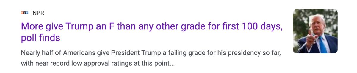 NPR: 'More give Trump an F than any other grade for first 100 days, poll finds'