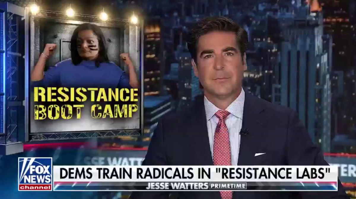 A screenshot of Jesse Watters on Fox News with a photoshopped image of Pramila Jayapal and a chyron reading "Dems Train Radicals In 'Resistance Labs.'"