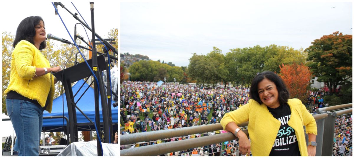 A photo of Pramila speaking to the crowd, next to another photo of Pramila smiling in front of a large crowd.