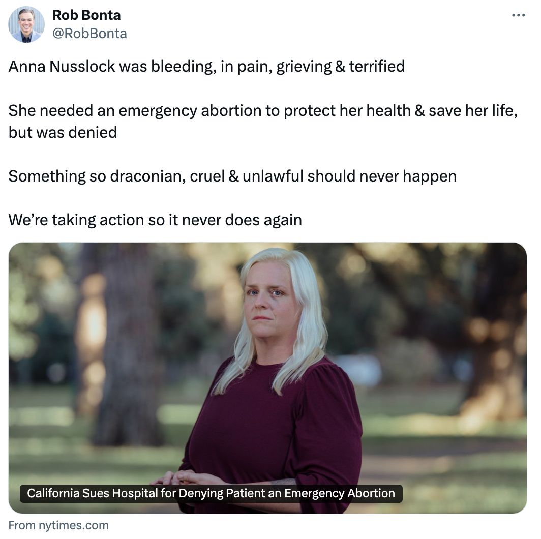 California sues hospital for denying woman emergency abortion